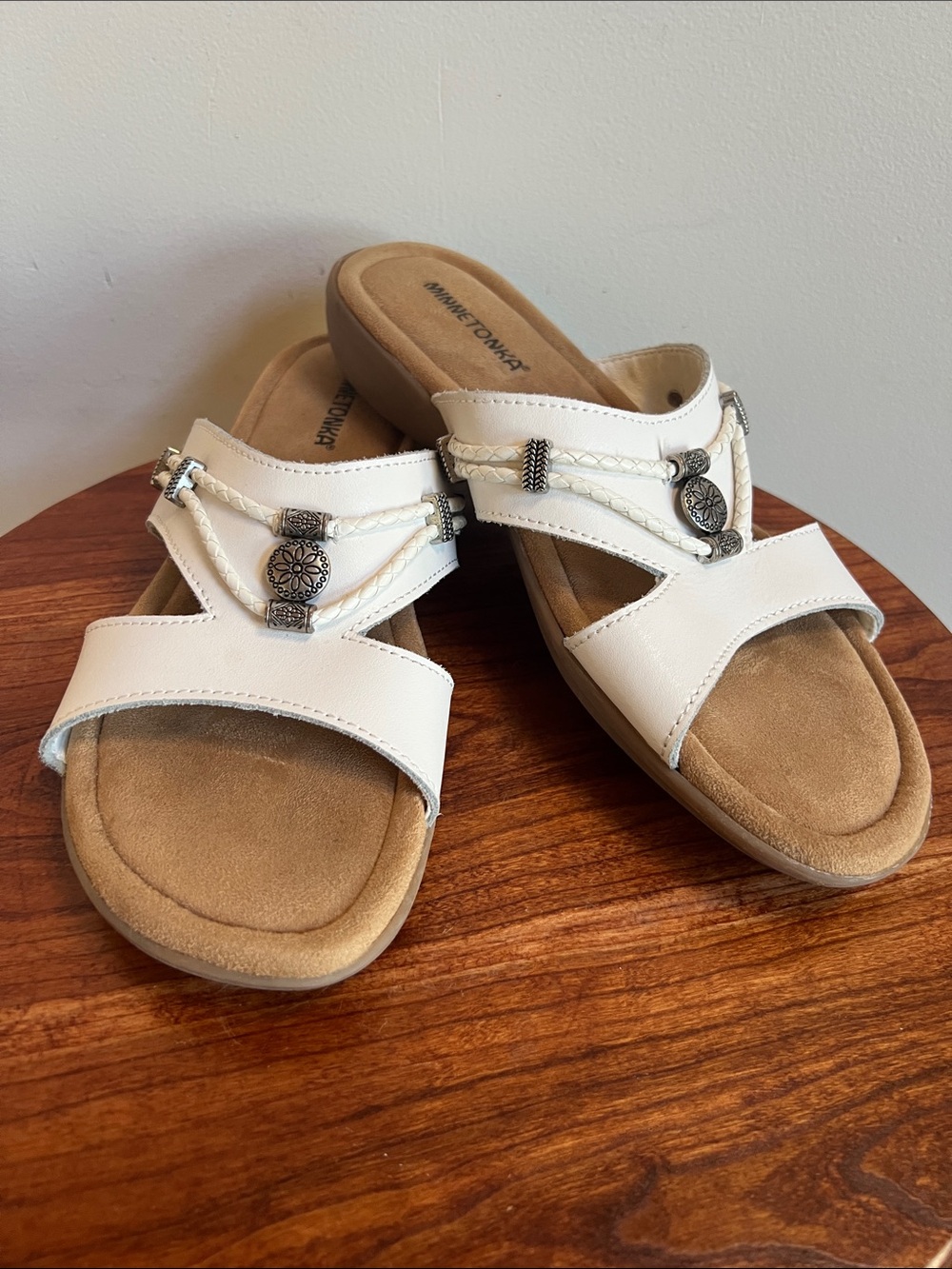 Minnetonka White Double-Strap Slide Sandals with southwestern Silver Accents